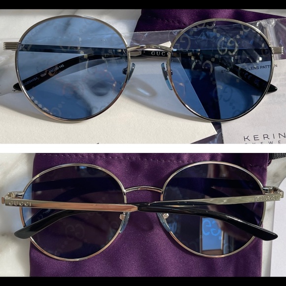 GUCCI “GG” INTERLOCKING LOGO IMPRINTED ON BLUE / SILVER MIRROR ROUND SUNGLASSES - Picture 16 of 16
